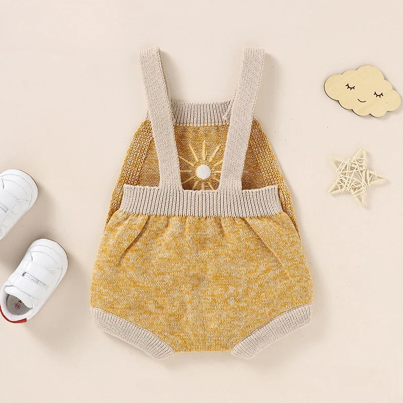 Suspender Knitted Jumpsuit Triangle Khaki  Hot Sale Autumn New Baby Sunflower Embroidered