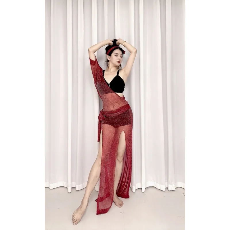 맞춤형 밸리 댄스 연습 의상 와인 레드 스파클링 실크 스크린 별이 빛나는 하늘 메쉬 가운 baladi 섹시한 약간 투명