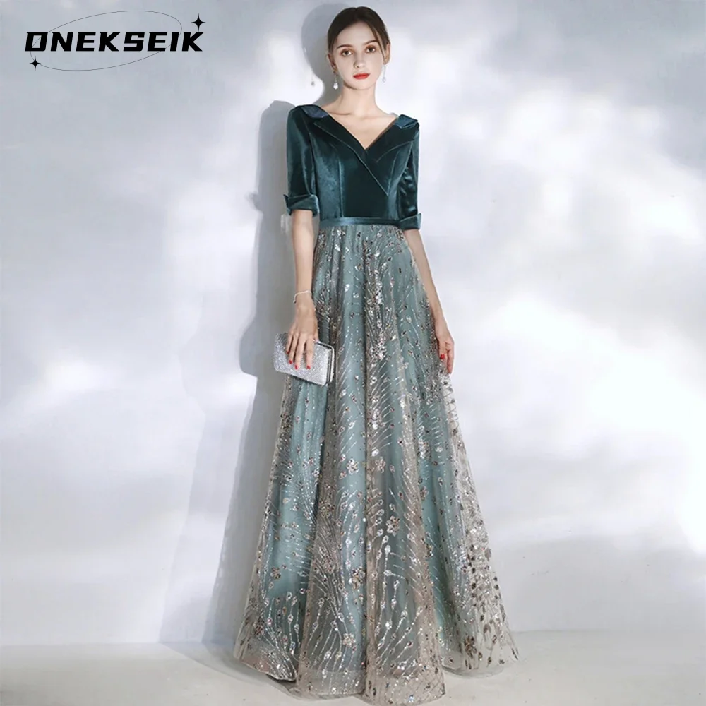 

Elegant V-Neck Tulle Half sleeveFloor-Length Evening Dresses Long A-Line Dresses Woman Party Night