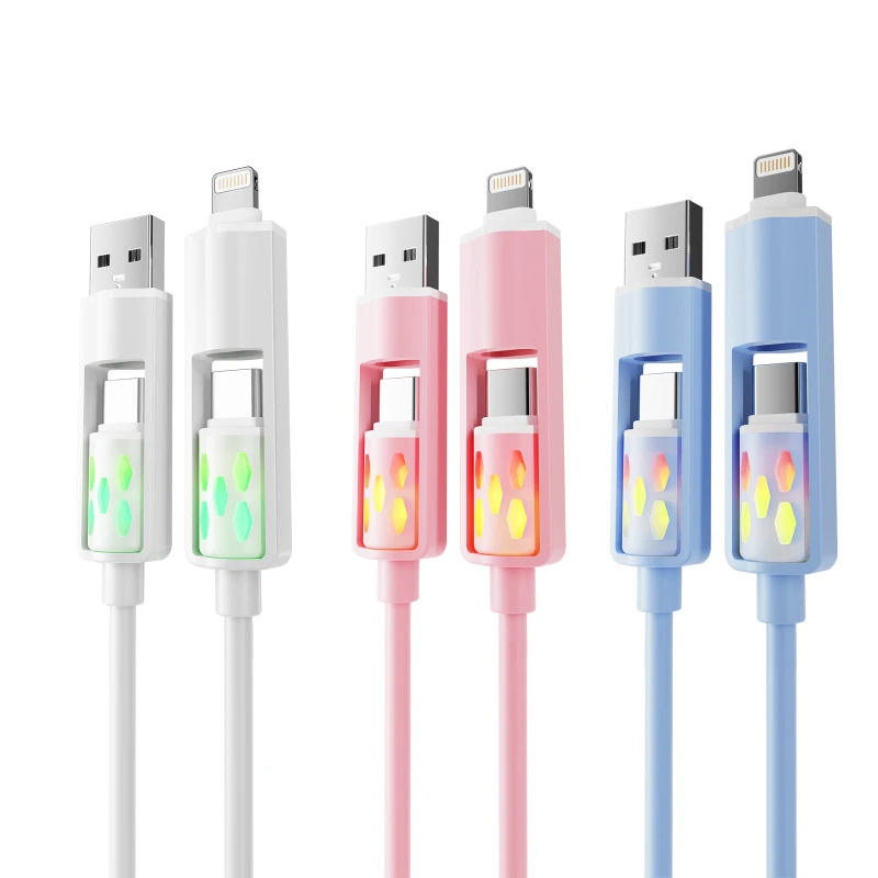4-in-1 PD60W Super Fast Charging Cable RGB Breathing Light Type-C For iPhone7-16ProMax iPad Notebook Tablet Mobile Phone Samsung