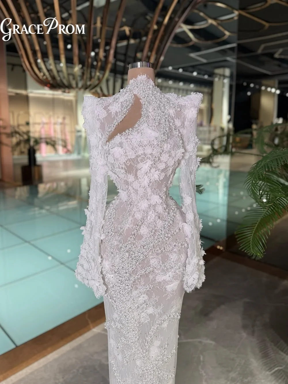 Elegant High Neck Long Sleeve Wedding Dresses Regal 3D Floral Lace Beaded Bridal Gown Mermaid Vestidos De Novia فساتين سهره فخم