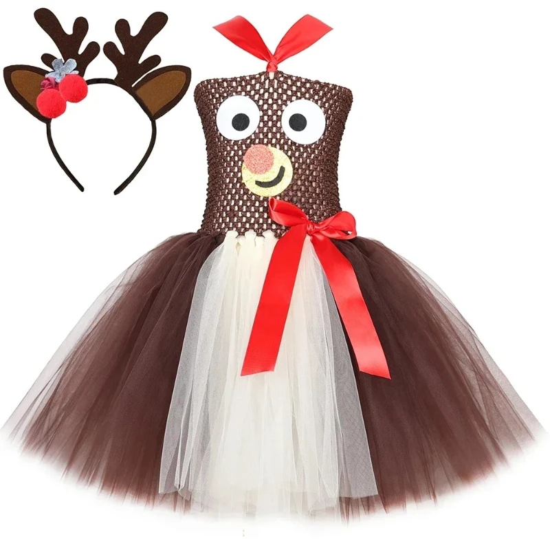 Rudolph Deer Reindeer Costume for Girls Christmas Tutu Dress Kids Halloween Party Animal Dress Up Clothes with Antler Headband
