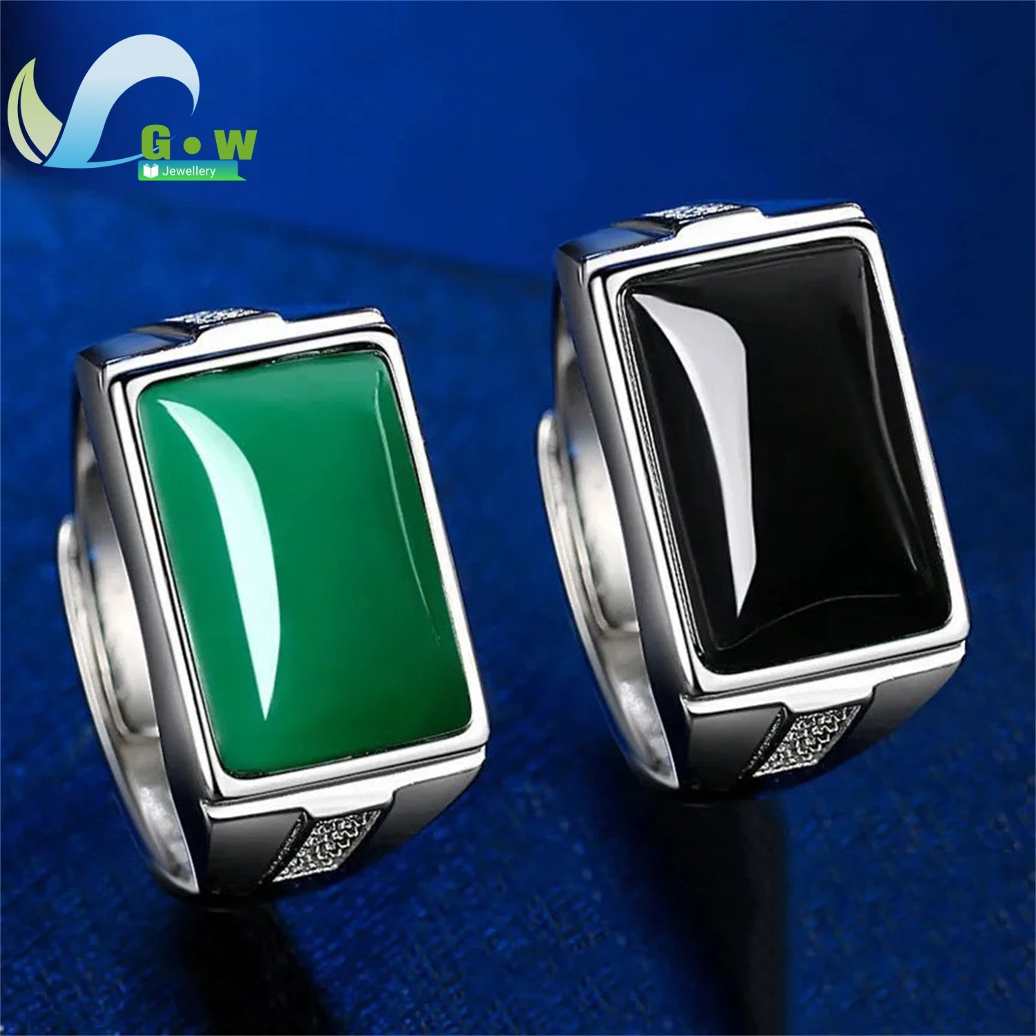 العقيق الأخضر الطبيعي الزمرد العقيق مستطيلة الرجال خاتم قابل للتعديل قابل للفتح زركون خمر مجوهرات هدية له #1