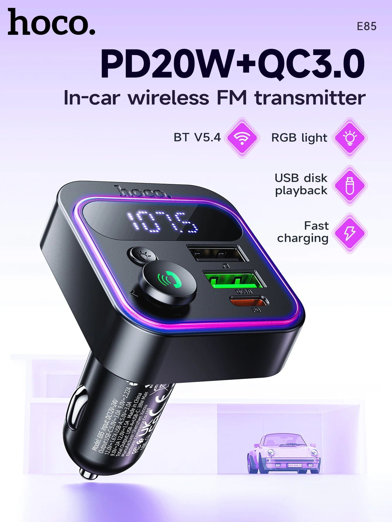HOCO PD20W QC3.0 cargador en el coche Bluetooth 5,4 transmisor FM con luz RGB USB reproducción de disco adaptador manos 