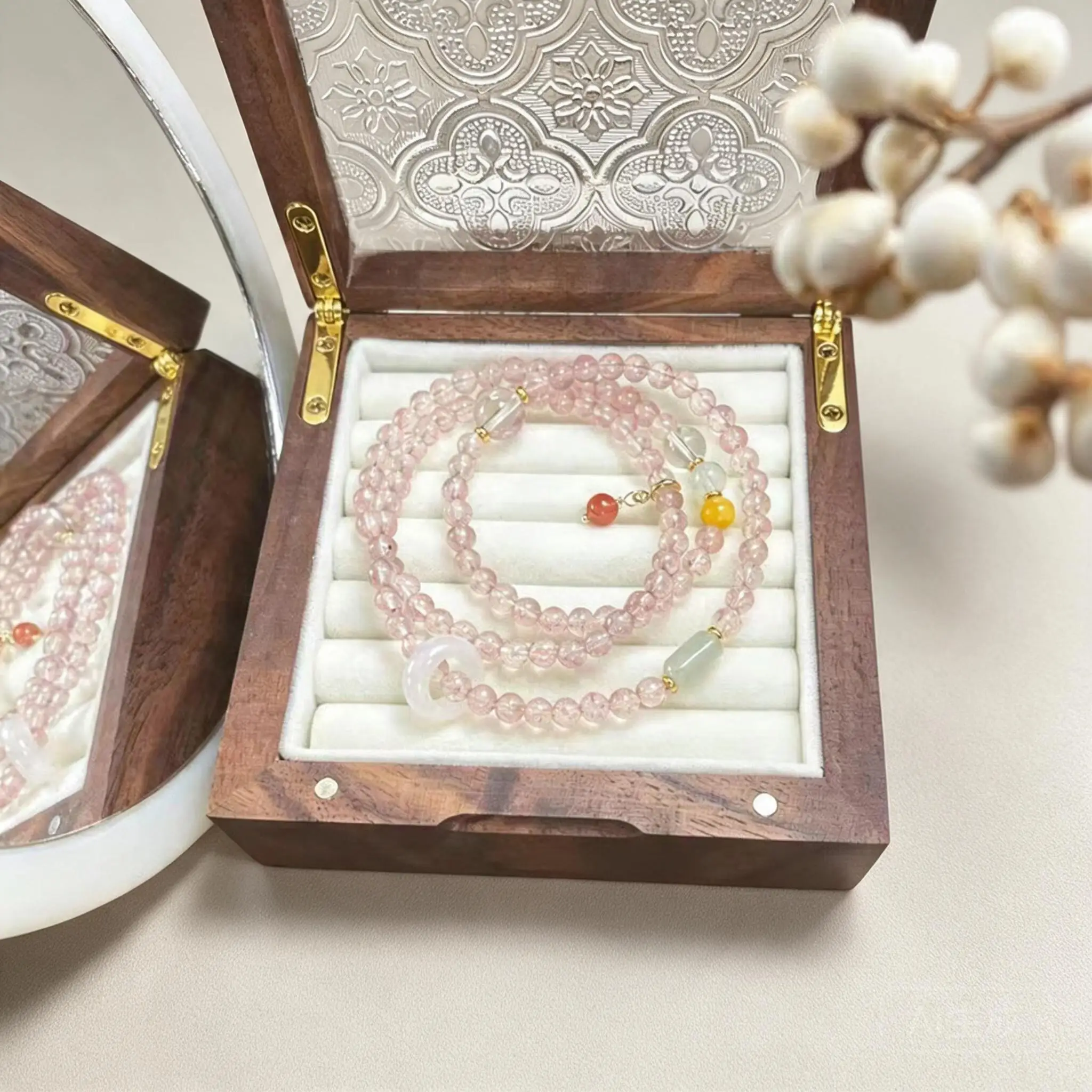 Chinese Style 4mm Natural Strawberry Crystal Handmade Beaded Handstring Bracelet Dual Use Necklace Lucky Blessing Fortune Women