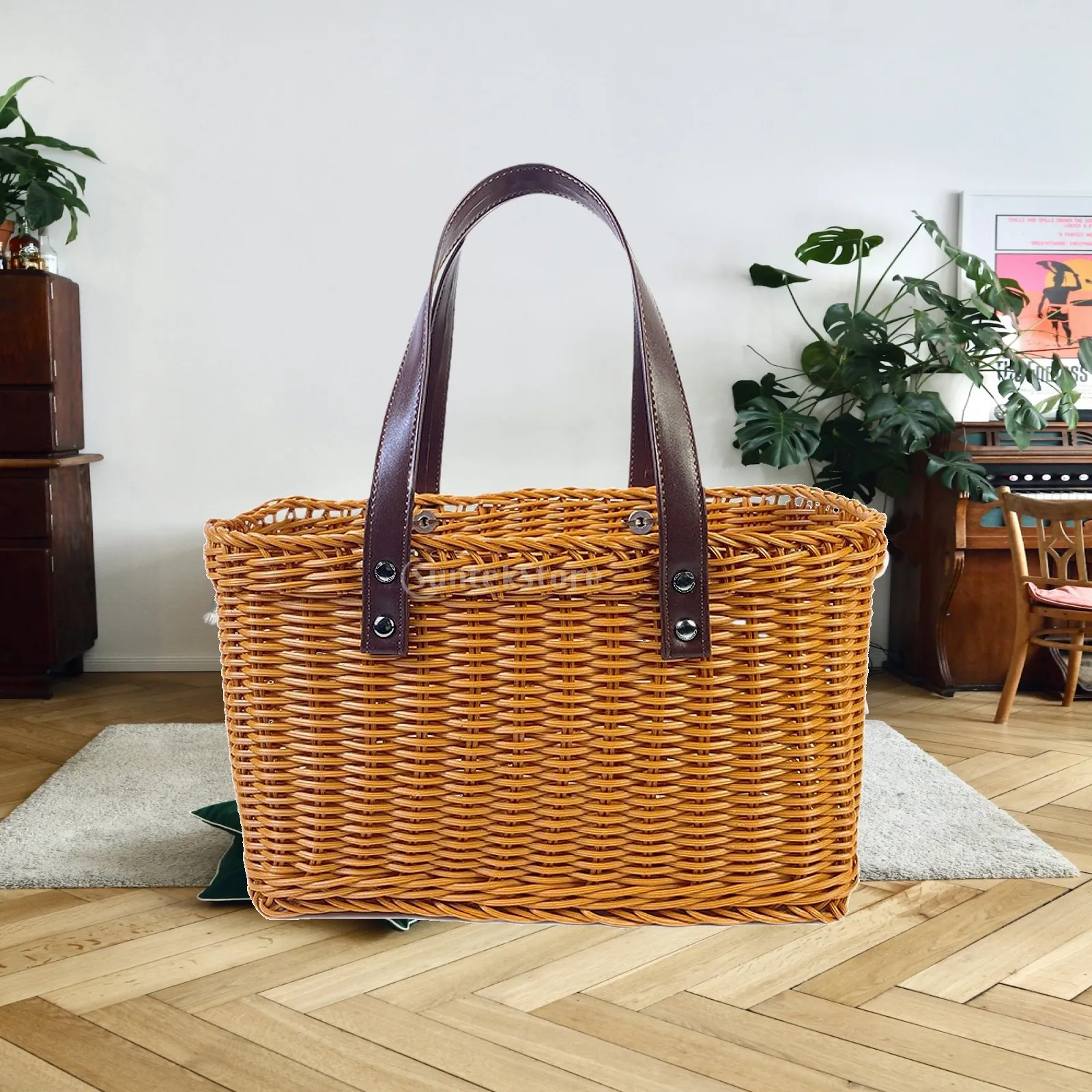 Woven Shopping Basket Market Basket Portable House Organizer Picnic Hamper Handmade Basket with Handle for Kitchen Outdoor