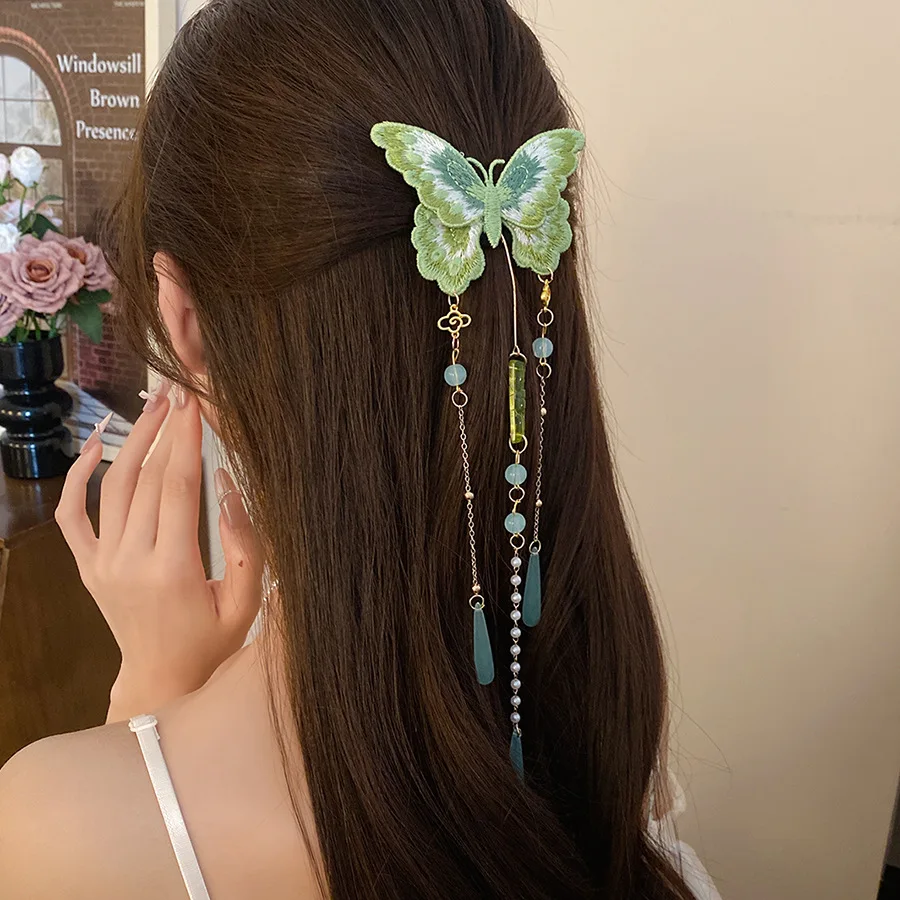 Pinzas para el Cabello con Mariposas Bordadas Verdes, Estilo Chino Retro, con Cuentas de Resina y Borlas, para Mujeres y Niñas, Hanfu, Cheongsam