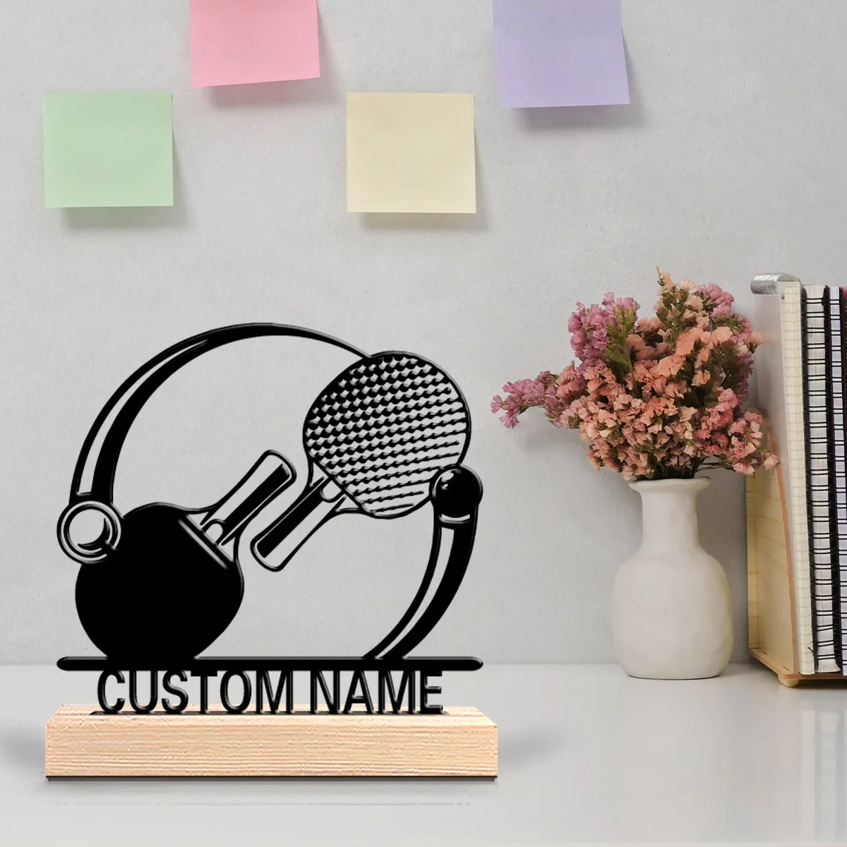 1pc Creative ping pong Custom Letter Metal Statue Iron Ornament Art Crafts With Wood Base Iron OrnamentFor Home Decor