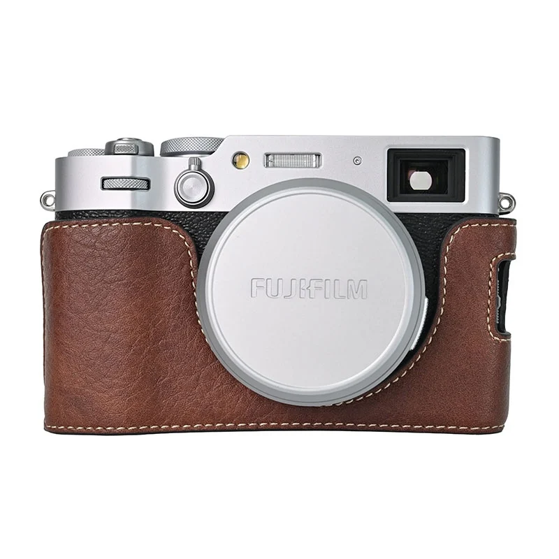 Oil Skin Camera Case Bag for Fujifilm X100VI X100 VI 6 PU Leather Protective Cover Lichee Half Base with Neck Shoulder Strap