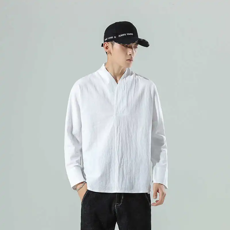 Jesienna męska koszulka z bawełny i lnu, luźna, z długim rękawem, efekt lodu, ochrona przed słońcem, przetwarzana technologią adual Sle ly ulation Dai...