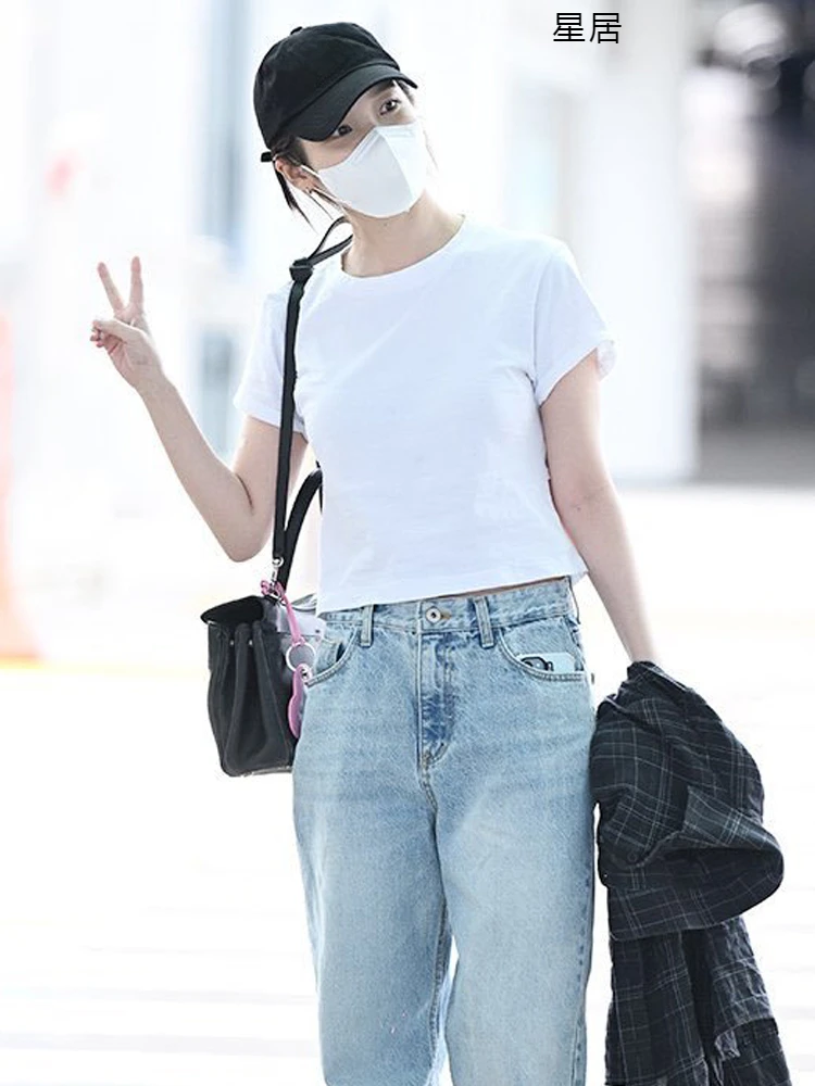 مثير ملابس رقص الجاز المغني ازياء النساء مجموعة Kpop الأبيض تي شيرتات قصيرة الاكمام فضفاضة الجينز سيدة مرحلة الأداء الملابس