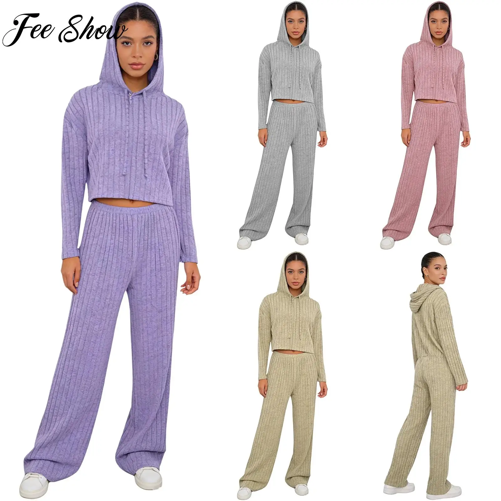 2Pcs Womens Ribbed Sports Outfit Long Sleeve Drawstring Pullover Hoodie+Pants Set for Casual Workout Running Yoga Sportswear