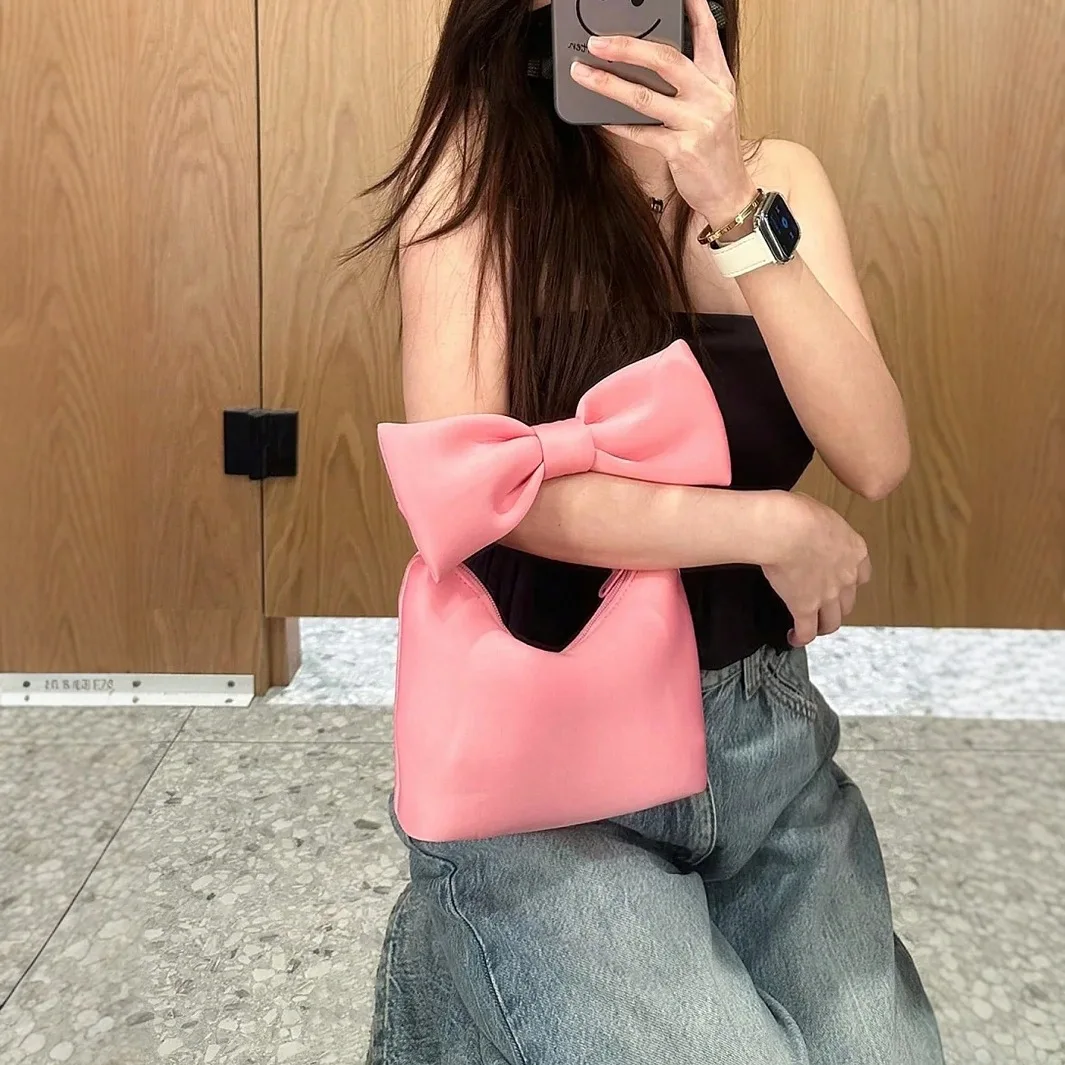 Seasonal New Heart Pink Cloud Cute Mini Texture Niche Clutch Bags Exquisite Fashion Generous Bow Handbag Simple Girl