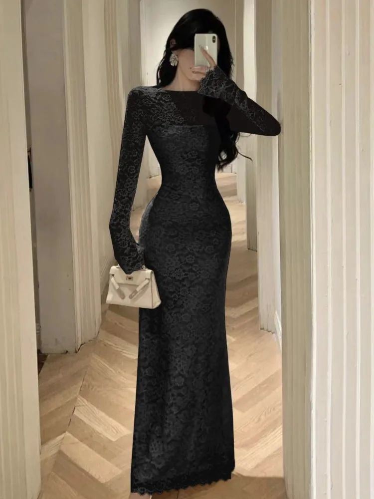 Sexy Lace Two-piece Solid Midi Dress Set Women Long Sleeve O-neck Slim Waist Bodycon Vestidos Autumn New Wedding Party Dresses