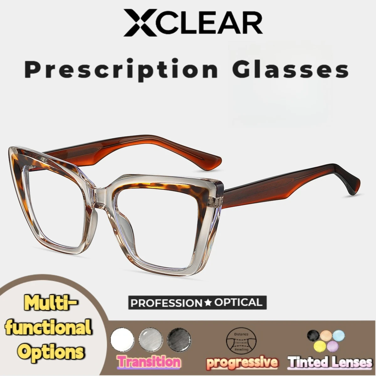 

Xclear Cateye Two-Tone Myopia Prescription Glasses Classic Trendy Design High Quality Anti Blue Ray Progressive Optical Eyeware
