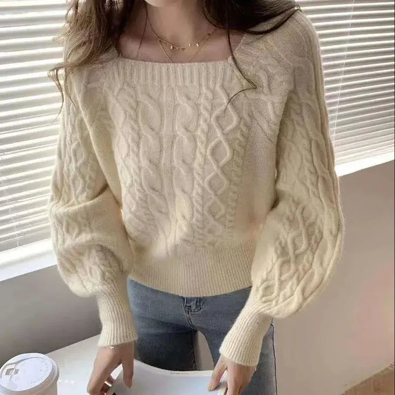 Casual Knitted Sweater Women Pullover 2022 Autumn Winter Soft Thick Warm Wool Jumper Female All-Match Square Collar Sweaters