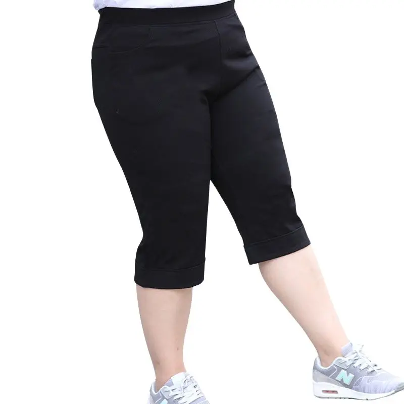 

Women's Black Cropped Pants, Elastic Band Waist, Capris Trousers, Oversize Leggings, Plus Size, 6XL, Wearable, For Summer, 6XL