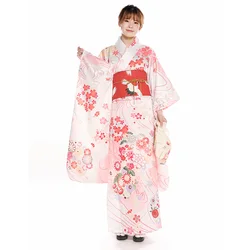 Women's Yukata Japanese Traditional Long Sleeve Kimono Beautiful Pink Floral Prints Formal  Cosplay Wear Performing Dress