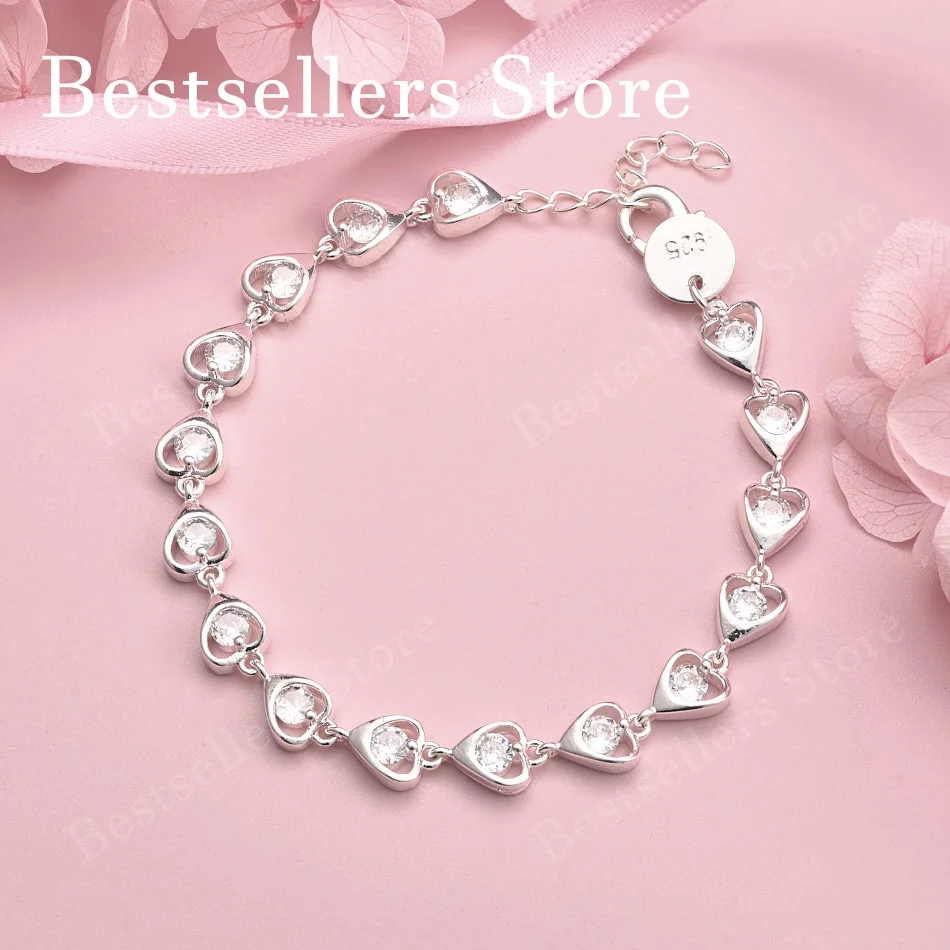 

925 sterling silver 8-inch exquisite heart-shaped zircon bracelet, fashionable women's wedding party jewelry accessories