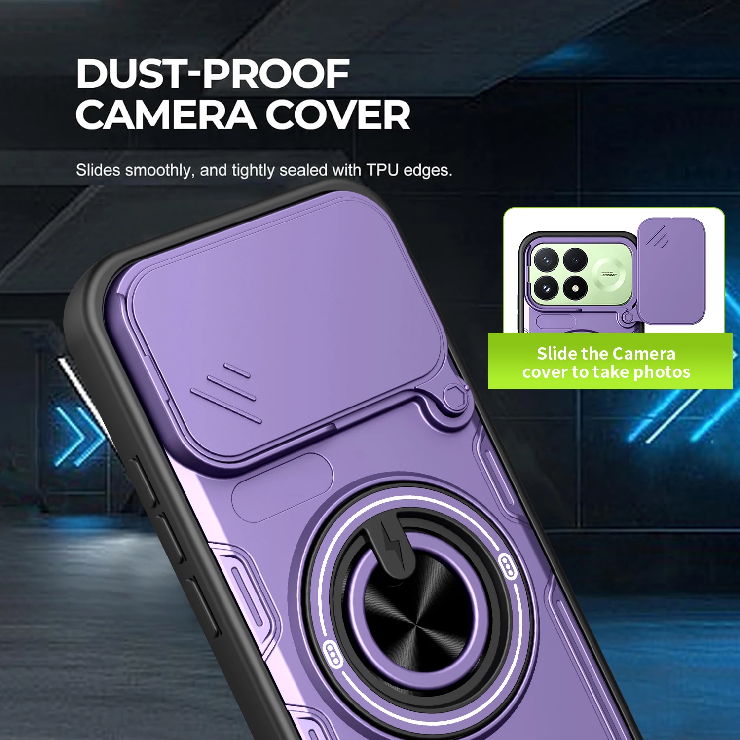 Armor Shockproof Case For Xiaomi Poco F9 Ultra F9Pro Sliding Camera Protection Metal Ring Stand Holder TPU Plastic Phone Cover