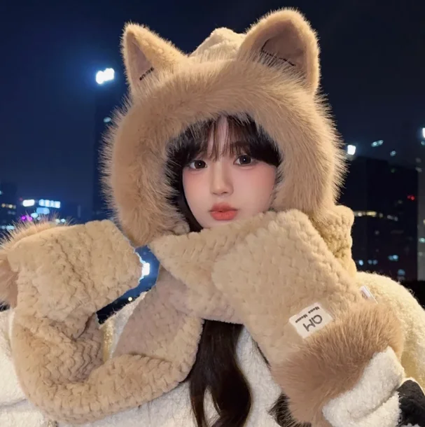 fur-ear-hat-scarf-set-for-women-winter-plu-one-piece-cute-warm-scarf-fem-faion-accories-tee-piece-kit