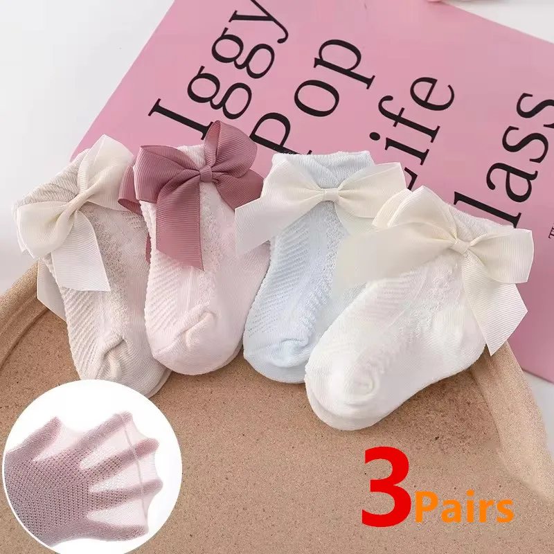 3 par/partia letnie dziecięce skarpetki siatkowe Bowknot miękka bawełna noworodka skarpety księżniczka niemowlę małe dziewczynki śliczne oddychające skarpetki