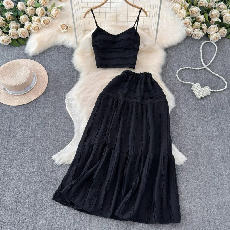 Elegant and Chic Women Summer Skirts Suit Spaghetti Strap Crop Tops A-Line Saya Outfits Female Beach Holiday Two Pieces Set