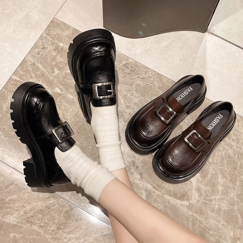 Women Vintage Square Buckle Platform Loafers Slip‑On Shoes Ladies Chunky Thick Sole Round Toe Casual Office Footwear