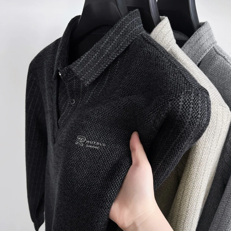 럭셔리 남성용 신상 가을 겨울 페이크 투피스 스웨터 라펠 자수 두꺼운 보온 니트웨어 레저 남성 의류 상의