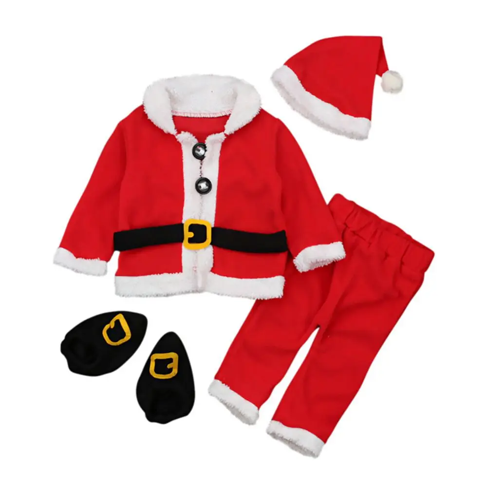 Winter Baby Girls Christmas Outfits Long Sleeve Fur Trim Velvet Toddler Coat+Pants+Hat+Shoes 4pcs Set Newborn Clothes 3-18Months