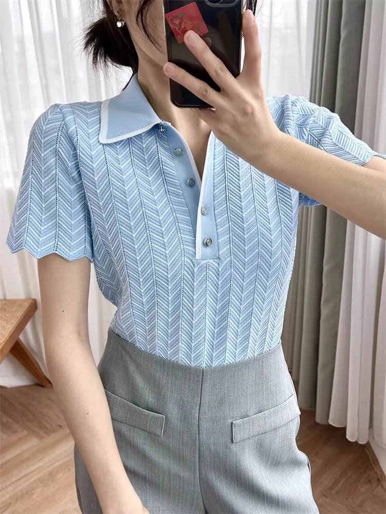 Women Blue Knitted Sweater Wave Edge Hollow Out Front Buttons Turn-down Collar Short Sleeve Casual Summer 2024 Pullover