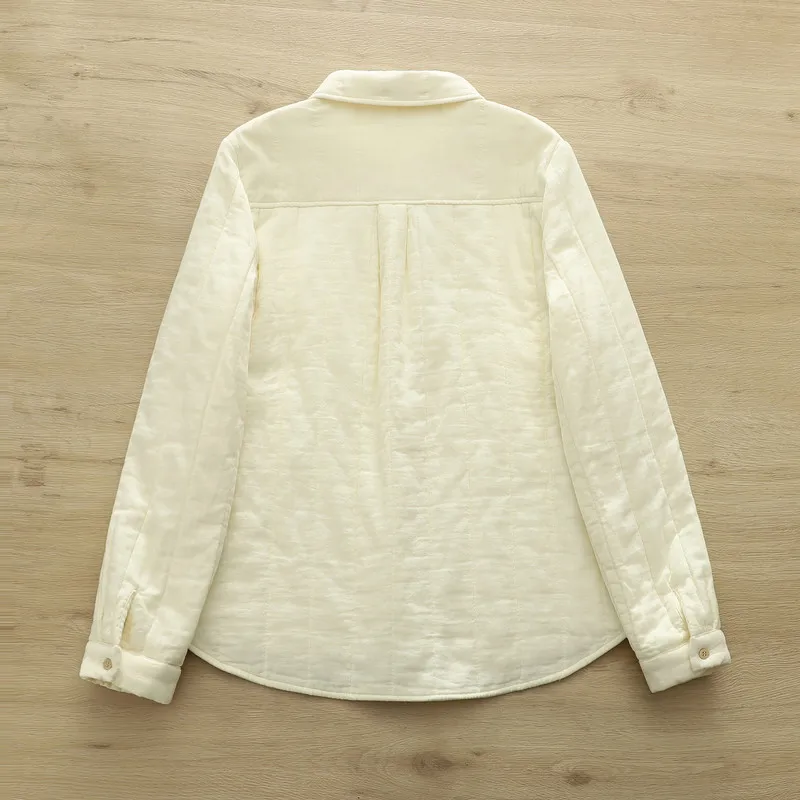 Novo 2025 inverno algodão acolchoado camisa de manga longa, feminino turn-down colarinho bolso, mori menina ol comute quente blusa solta t5d448cc