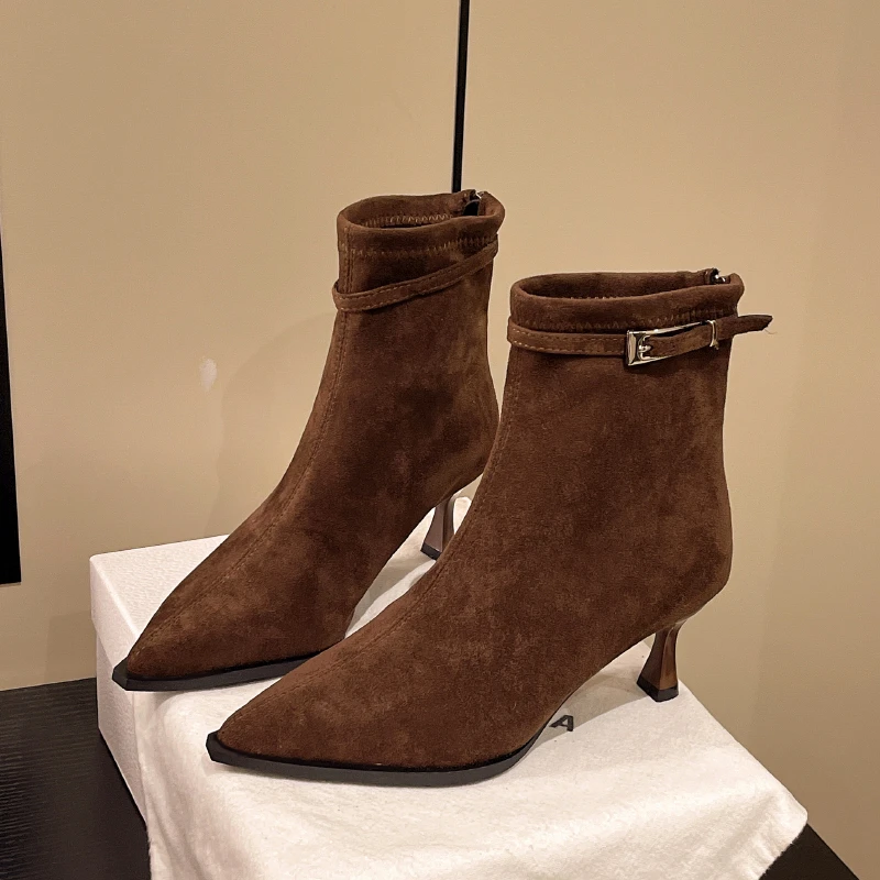 

2025 уличный стиль, женские ботильоны с острым носком, модная обувь на молнии на тонком каблуке, осенне-зимние короткие ботильоны «Челси» в стиле панк