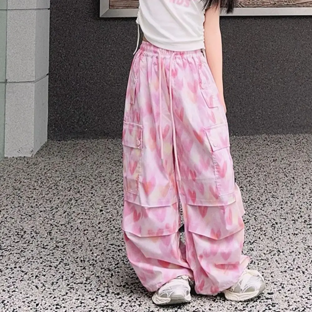 جيوب متعددة السراويل البضائع الفضفاضة الرباط ركض Y2k بنطال ذو قصة أرجل واسعة عالية الخصر الهيب هوب القلب الطباعة السراويل فتاة الرياضة
