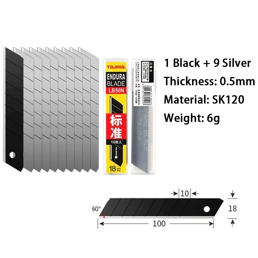 TAJIMA LB50N 60° Angle Sharp Blades 10PCS 18mm Spare Blades Standard Type Endura Blades Set for Utility Knife Solid Blade