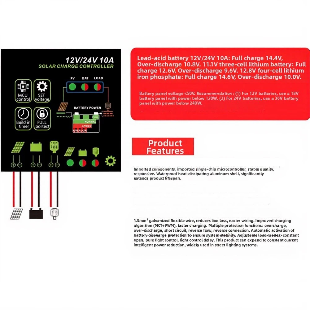 10A 12 24V Solar Charge Controller Featuring Bulk Absorption Float Stages for AGM Gel Flooded and Batteries Outdoor Use