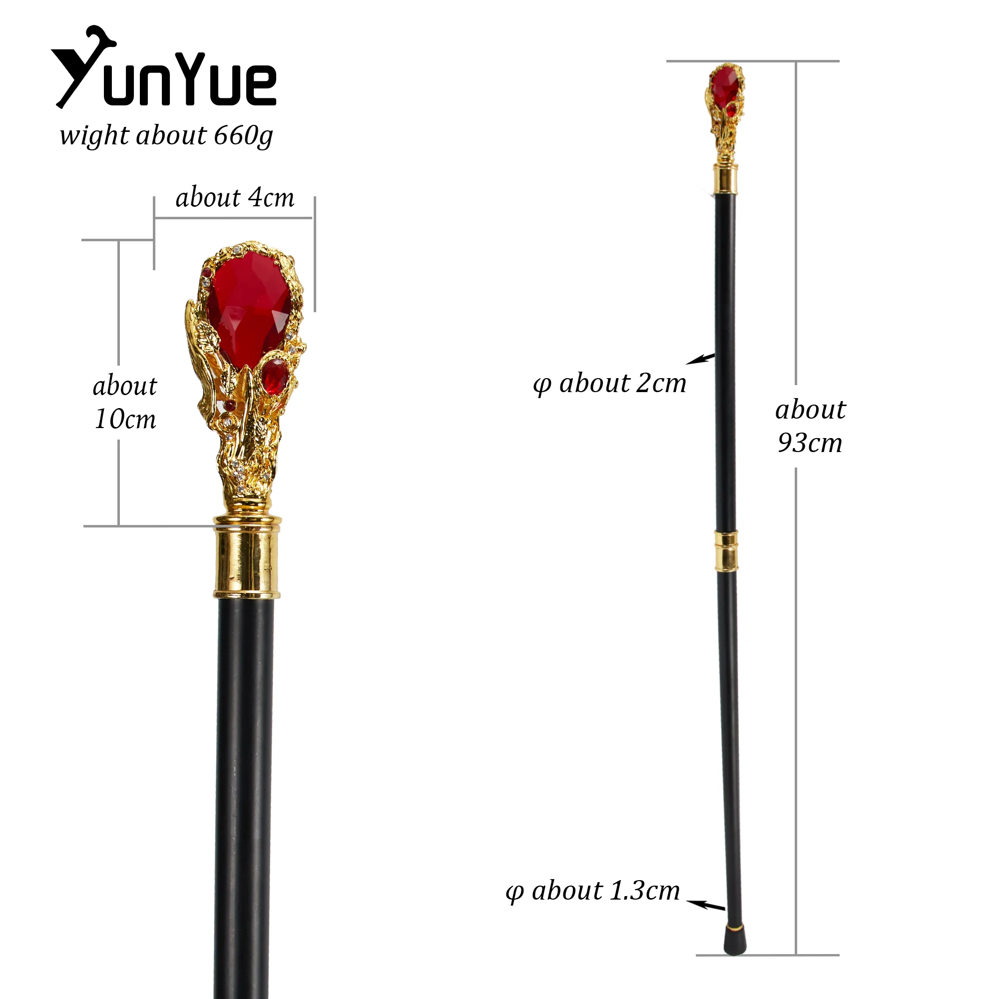 Gold Red Diamond Type Walking Cane Gentleman Vintage Handmade Fashion Decorative Walking Stick Art Collection Film Prop Crutches