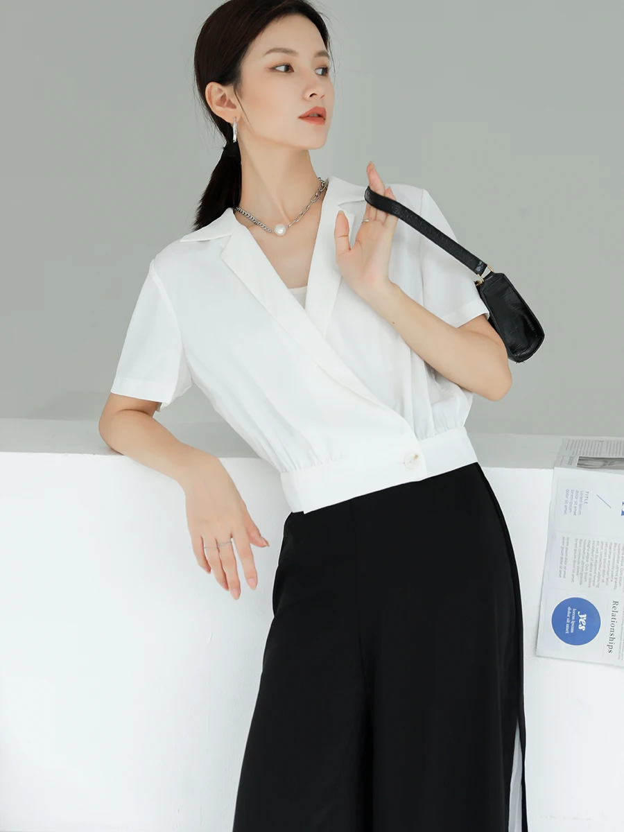 

DianThia Anti-Wrinkle Summer Thin ort Sve White irt Women's Design ort Commute Top High Waist Korean Sle Pure Color