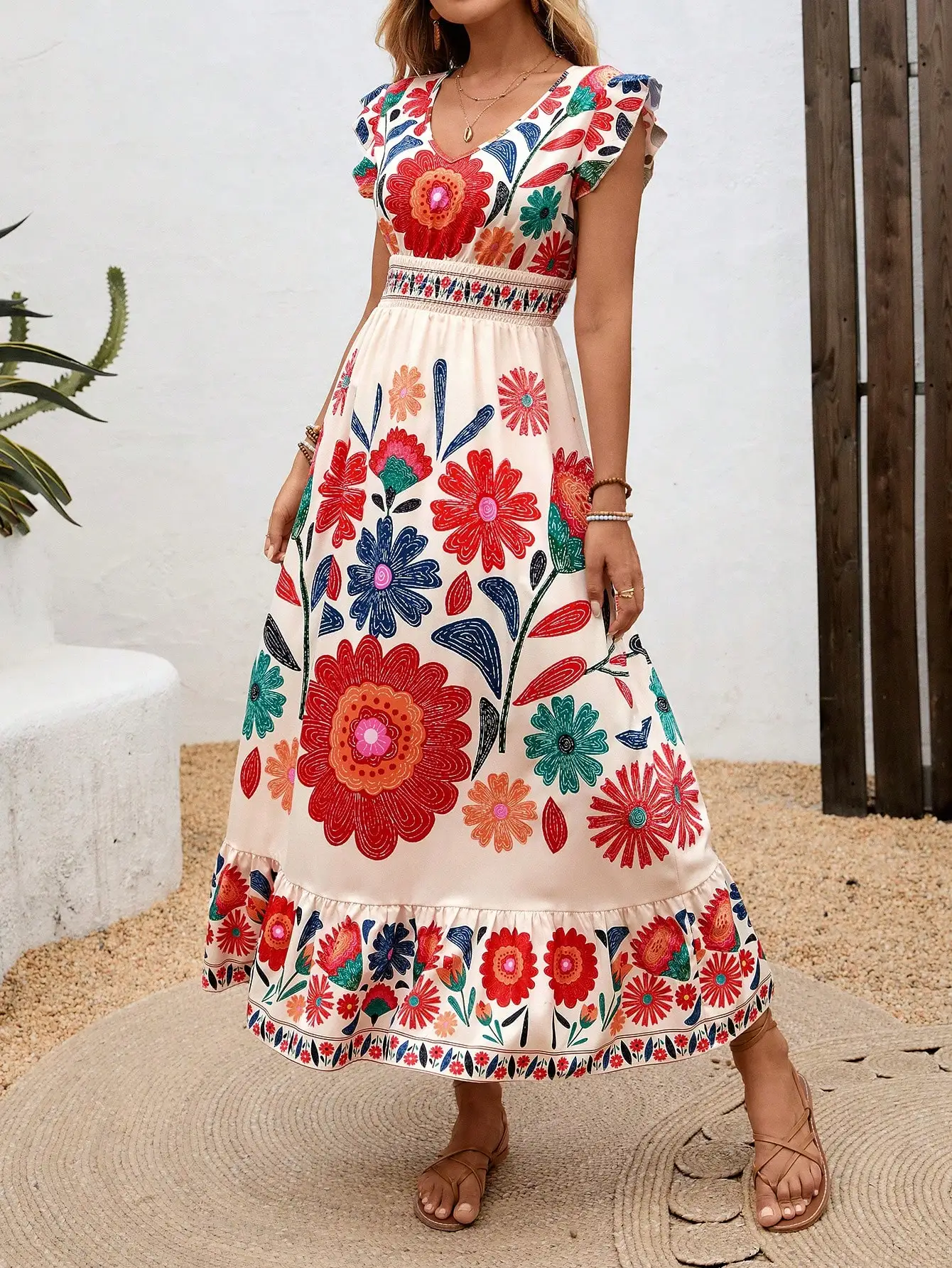 Boho-Maxikleid mit Blumenmuster, V-Ausschnitt, Rüschensaum und geraffter Taille