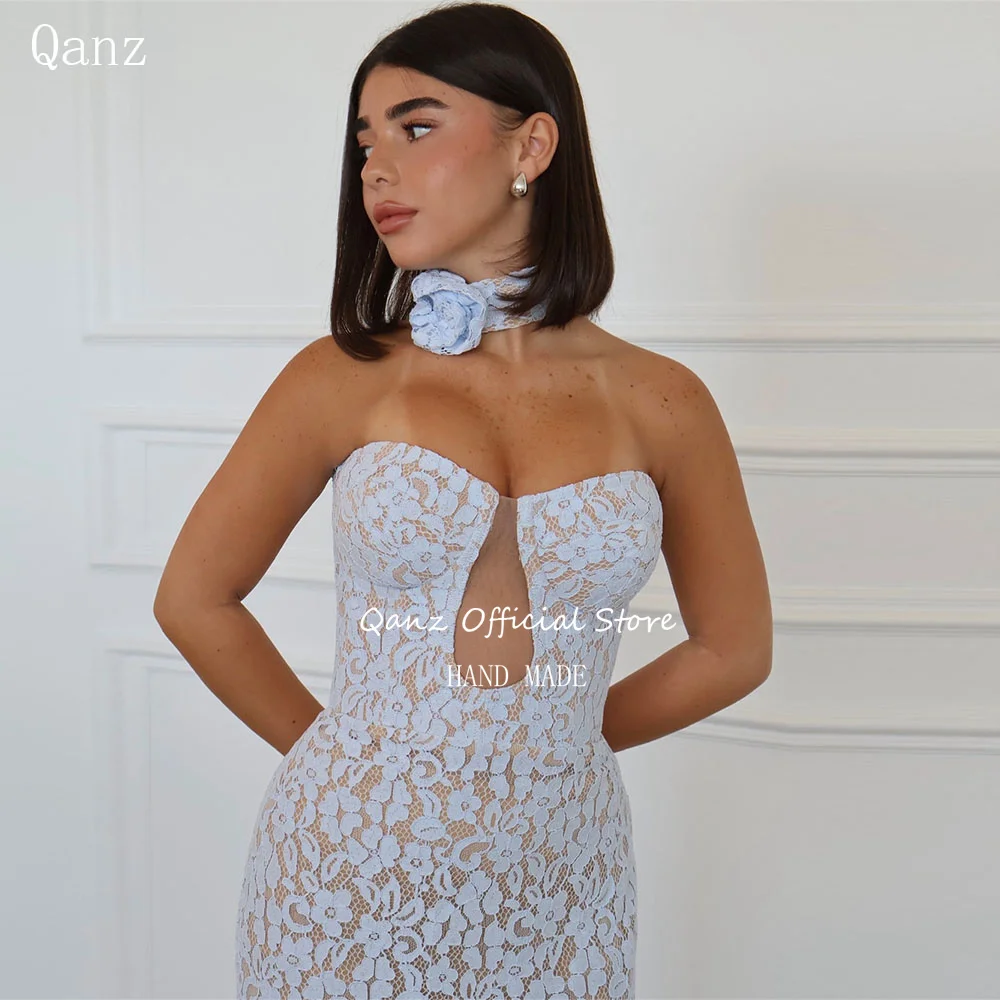 

Qanz Chic Lace Prom Dresses Appliques Sky Blue Sweetheart Mermaid Vestidos Para Mujer Backless Evening Party Gown Customized