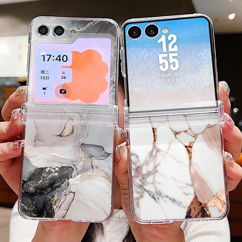 Clear Marble Texture Pattern Phone Case For Samsung Galaxy Z Flip 7 6 5 4 3 5G Flip7 Flip6 Flip5 Shockproof Folding Hard Cover