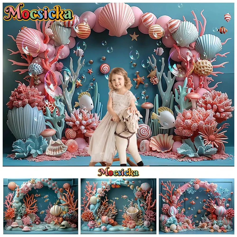 

Mocsicka Princess Birthday Backdrops Photography Seabed Coral Shell Party Decors Baby Shower Girl Photo Backgrounds Cloth Banner