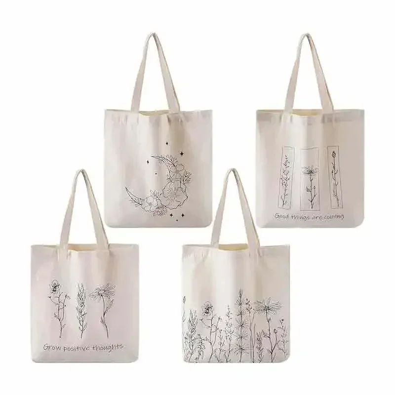 BBA157 4 Pcs Canvas Tote Bag for Women Floral Cat Mushroom  s Aesthetic Reusable Shopping  