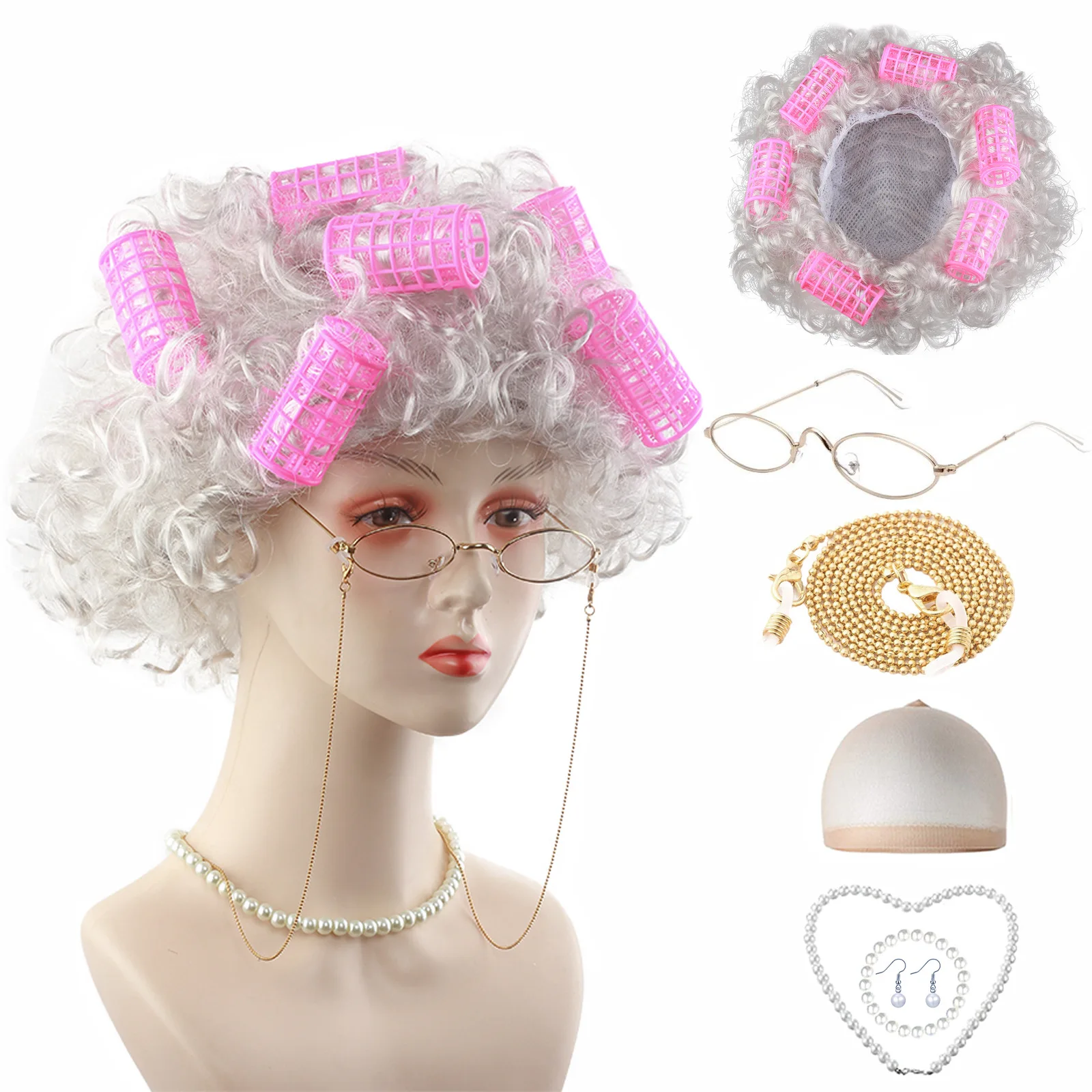 5 Pezzi Set Costume da Vecchia Signora Costume da Vecchio Costume da Nonna per Bambini Halloween Anni '20 Gatsby Parrucca da Vecchia Signora Costume da Nonna