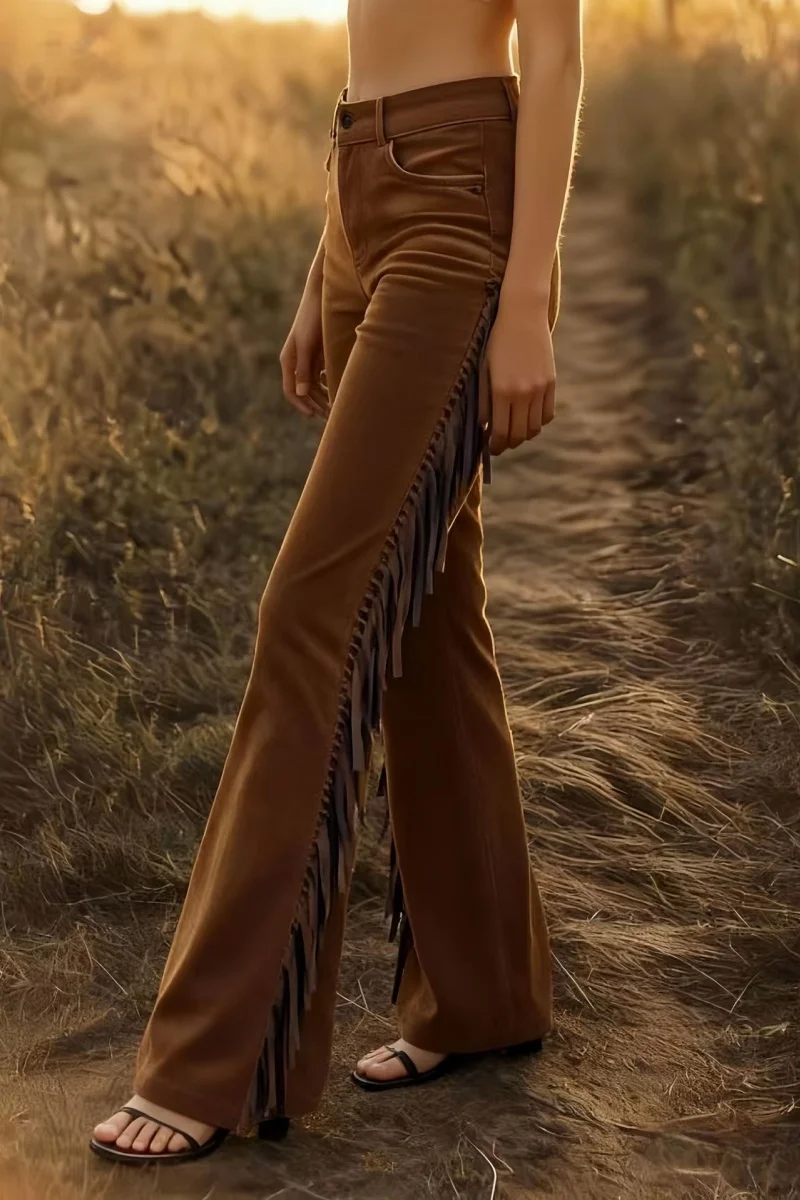 Damskie spodnie dzwony w stylu retro western z frędzlami, idealne do noszenia na co dzień/na imprezy w stylu retro/na rekreację na świeżym powietrzu i na różne okazje