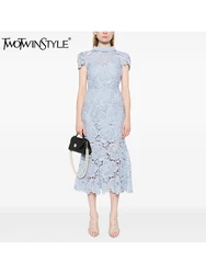 TWOTWINSTYLE Solid Hollow Out Slimming Dresses For Women O Neck Short Sleeve High Wiast Dress Female Fashion Style Clothes New