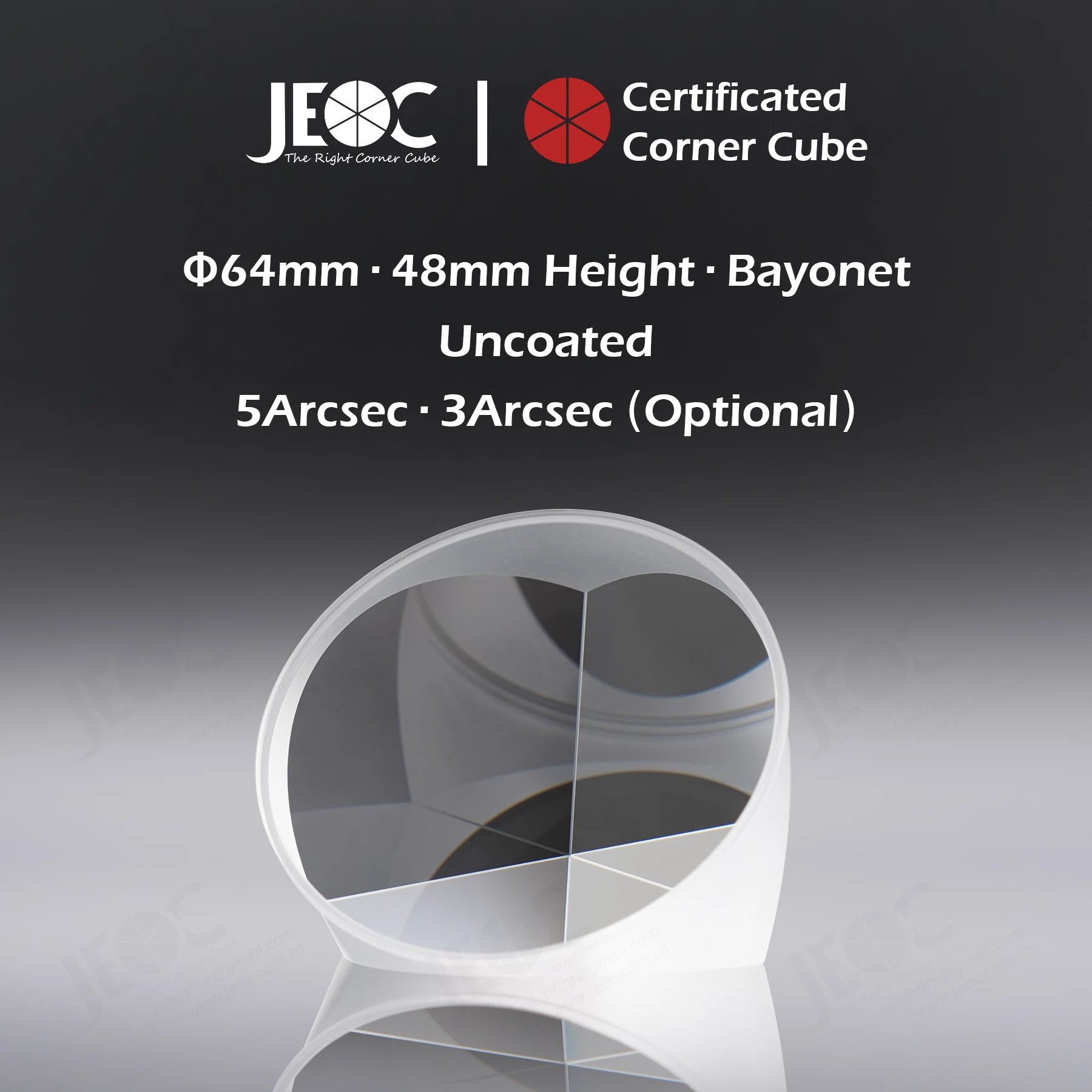 100pcs JEOC Certificated Corner Cube, 64mm Diameter, 48mm Height reflective prism, Uncoated, w/ Bayonet