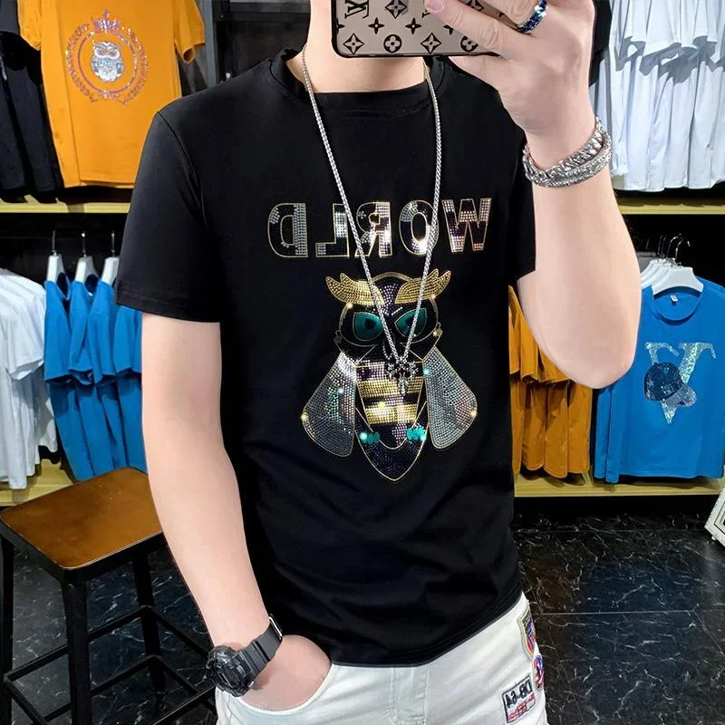 Top Graphic Clothing Hip Hop T Shirt for Men Rock Man Tee Shirts Rhinestones Streetwear Slim Fit Print Original Xl Cotton Basic