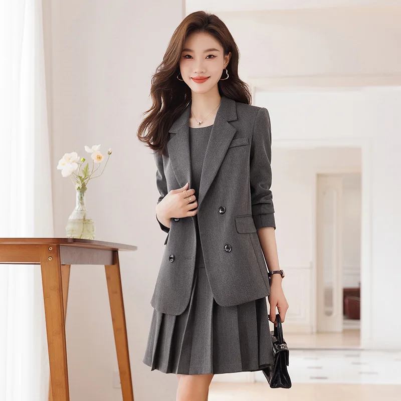 Gray Suit Jacket for Women Spring and Autumn2024New Temperament Goddess Style Casual Business Attire Suit Suit Skirt Autumn