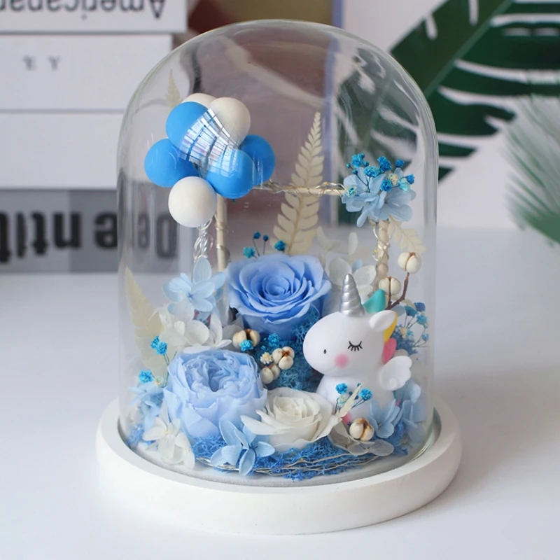 FS 15*21cm Glass Dome Home Decoration Pink Preserved Flower Cute Pet White Base Transparent Cover Wedding Souvenir